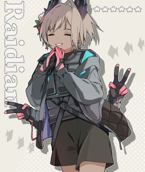 1girl :d ^_^ arknights black_gloves black_jacket black_shorts character_name closed_eyes commentary cowboy_shot double_v drop_shadow earrings extra_arms gloves grey_background grey_hair grin hands_on_own_chin jacket jewelry long_sleeves maguro_kan open_mouth outline own_hands_together pink_gloves raidian_(arknights) short_hair shorts smile solo standing star_(symbol) strap v white_outline