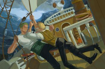 1girl 4boys absurdres black_pants black_shoes blonde_hair cigarette commentary going_merry green_hair highres jennyandloiryan looking_at_another male_focus monkey_d._luffy mouth_hold multiple_boys nami_(one_piece) ocean one_piece outdoors pants rain roronoa_zoro sanji_(one_piece) ship_deck shirt shoes short_hair storm sword teeth_hold tripping usopp vest waves weapon white_shirt wooden_floor yaoi yellow_vest