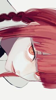1girl black_necktie blunt_bangs braid chainsaw_man closed_mouth juzoh13 looking_at_viewer makima_(chainsaw_man) multicolored_eyes necktie red_eyes red_hair ringed_eyes shirt sidelocks simple_background single_braid solo white_background white_shirt yellow_eyes