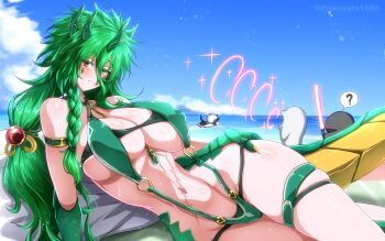 1boy 1girl ? arm_strap arm_support artist_name bare_shoulders beach beach_mat bikini black_hair blue_sky blush breasts claws cleavage closed_mouth cloud collarbone commentary_request criss-cross_halter day dragon_boy dragon_girl dragon_horns dragon_tail energy_beam energy_sword g_(genesis1556) green_bikini green_eyes green_hair green_slingshot_swimsuit green_tail groin hair_between_eyes halterneck heterochromia highres holding holding_sword holding_weapon horns karutia_(g_(genesis1556)) large_breasts lightsaber long_hair looking_at_viewer low-tied_long_hair lying monster_girl multicolored_hair navel ocean on_side original outdoors red_eyes rio_(g_(genesis1556)) scar scar_on_stomach shark sidelocks skindentation sky slingshot_swimsuit solo_focus spoken_question_mark stomach surfing sweat swimsuit sword tail thigh_strap two-tone_hair very_long_hair watermark weapon whale white_hair white_whale