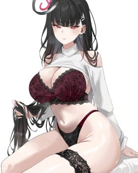 1girl absurdres black_bra black_hair black_panties blue_archive bra breasts bright_pupils cleavage clothing_cutout commentary ear_piercing earrings english_commentary hair_ornament hairclip halo highres holding holding_own_hair jewelry lace lace-trimmed_bra lace_thigh_strap lace_trim large_breasts long_hair long_sleeves looking_at_viewer miz_blank navel navel_piercing panties piercing red_bra red_eyes red_panties rio_(blue_archive) shoulder_cutout sitting solo turtleneck two-tone_bra two-tone_panties underwear very_long_hair white_background white_pupils