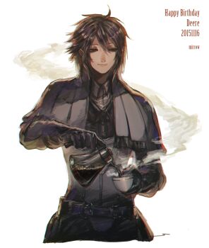 1boy black_eyes black_hair character_name coffee coffee_mug coffee_pot cup disposable_cup dwyer_(fire_emblem) fire_emblem fire_emblem_fates gloves happy_birthday highres male_focus mirrow96 mug nintendo simple_background solo white_background