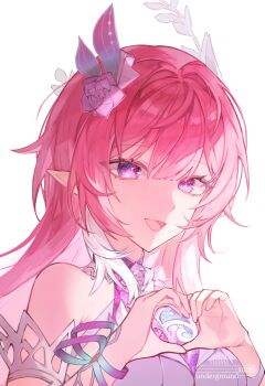 1girl absurdres bare_shoulders breasts commentary cyrene_(honkai:_star_rail) cyrene_(ripples_of_past_reverie)_(honkai:_star_rail) diamond-shaped_pupils diamond_(shape) flower hair_flower hair_ornament hands_up heart heart_hands highres honkai:_star_rail honkai_(series) large_breasts long_hair looking_at_viewer pink_flower pink_hair pink_rose pointy_ears purple_eyes rose sidelocks simple_background solo symbol-shaped_pupils undergroundsmel upper_body white_background