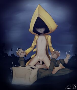 1boy 1girl bag bag_over_head barefoot blue_hair blush brown_coat cabronpr kodomo_doushi clothed_sex coat cowgirl_position faceless faceless_female feet flat_chest full_body girl_on_top hair_over_eyes hetero highres holding_hands interlocked_fingers kneeling little_nightmares_(series) loli lying mono_(little_nightmares) naked_coat naked_raincoat navel nipples nude on_back open_clothes open_coat pants pants_around_one_leg paper_bag paper_bag_on_head penis pussy raincoat sex short_hair shota six_(little_nightmares) small_areolae small_nipples straddling trembling uncensored vaginal yellow_coat