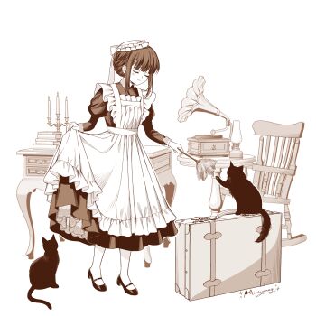 1girl apron book book_stack briefcase candle candlestand cat chair chest_of_drawers closed_eyes collared_dress commentary_request dress duster feather_duster full_body hat highres holding holding_duster juliet_sleeves long_sleeves maid maid_apron mikemomonga mob_cap monochrome oil_lamp original phonograph puffy_sleeves rocking_chair shoes short_hair sidelocks signature simple_background skirt_hold smile solo standing white_background
