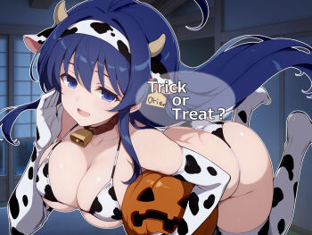 1girl animal_ears animal_print ballardiae1007 bell bikini blue_eyes blue_hair breasts cleavage commentary_request cow_ears cow_horns cow_print cow_print_bikini cowbell elbow_gloves english_text gloves halloween halloween_costume highres horns large_breasts long_hair open_mouth orie_ballardiae_harada print_bikini pumpkin solo swimsuit trick_or_treat under_night_in-birth