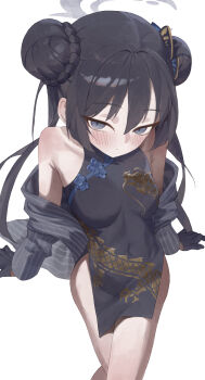 1girl absurdres armpit_crease bare_shoulders black_gloves blue_archive braid braided_bun butterfly_hair_ornament china_dress chinese_clothes chiyo_kami commentary_request double_bun dragon_print dress expressionless gloves grey_eyes grey_halo hair_bun hair_ornament halo highres jacket kisaki_(blue_archive) looking_at_viewer pelvic_curtain pinstripe_jacket pinstripe_pattern print_dress solo striped_clothes striped_jacket vertical-striped_clothes vertical-striped_jacket white_background