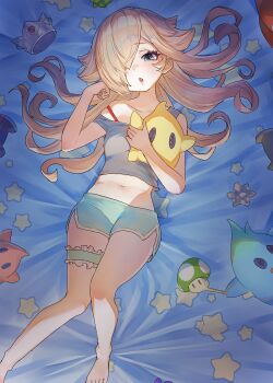 1girl absurdres barefoot blonde_hair blue_eyes blue_shorts bra_strap breasts character_doll commentary crown doll dolphin_shorts foot_out_of_frame frilled_thigh_strap grey_tank_top hair_over_one_eye highres holding holding_stuffed_toy long_hair looking_at_viewer luma_(mario) lying mario_(series) mushroom navel nintendo okubatomaeba on_back one_eye_covered open_mouth parted_bangs rosalina short_shorts shorts small_breasts solo star_(symbol) stomach strap_slip stuffed_animal stuffed_toy tank_top thigh_strap unworn_crown
