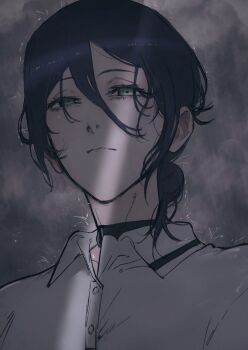 black_choker black_hair chainsaw_man choker cloud cloudy_sky collared_shirt commentary english_commentary expressionless from_below green_eyes hair_between_eyes hair_bun highres light_rays looking_at_viewer medium_hair moku_(muooku) partially_shaded_face rain reze_(chainsaw_man) shirt single_hair_bun sky sunbeam sunlight water_drop wet wet_hair white_shirt