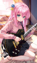 Rule 34 | 1girl, blue eyes, bocchi the rock!, fujima takuya, gotoh hitori, guitar, indoors, instrument, long hair, looking at viewer, pink hair, solo