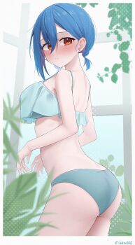 1girl absurdres ass bikini blue_bikini blue_hair blush border closed_mouth commentary_request earrings hair_between_eyes highres jewelry love_live! love_live!_superstar!! low_twintails red_eyes rikka006 single_sidelock solo stud_earrings swimsuit twintails wakana_shiki white_border