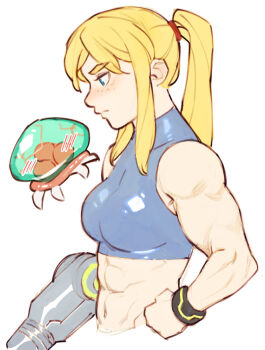 1girl abs arm_cannon blonde_hair blue_eyes blue_tank_top blush_stickers bracelet breasts clenched_hand closed_mouth commentary crop_top effy_neprin english_commentary from_side hair_between_eyes hand_on_own_hip jewelry large_breasts long_hair metroid metroid_(creature) midriff muscular muscular_female navel nintendo ponytail samus_aran tank_top upper_body v-shaped_eyebrows weapon