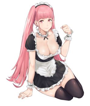 1girl apron black_thighhighs blunt_bangs blush breasts cleavage closed_mouth detached_collar female_focus fire_emblem fire_emblem:_three_houses frills highres hilda_valentine_goneril j@ck large_breasts lips long_hair looking_at_viewer maid maid_headdress matching_hair/eyes nintendo pink_eyes pink_hair short_sleeves simple_background skindentation smile solo thighhighs twintails very_long_hair waist_apron white_apron white_background wrist_cuffs zettai_ryouiki