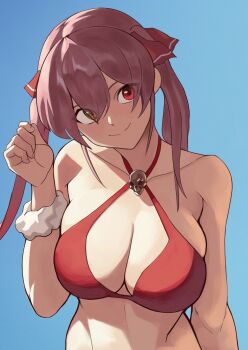 1girl absurdres bikini blue_background breasts cleavage closed_mouth collarbone commentary english_commentary hair_ribbon hand_up heterochromia highres hololive houshou_marine large_breasts milkmountain red_bikini red_eyes red_hair red_ribbon ribbon smile solo swimsuit twintails upper_body virtual_youtuber yellow_eyes