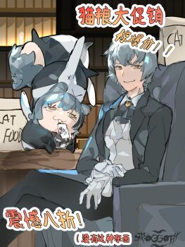 1girl :d angela_(project_moon) animalization artist_name ascot black_ascot black_coat black_pants blue_hair bookshelf brooch cat chair coat crossed_legs gloves highres jewelry lapels library_of_ruina multiple_views notched_lapels on_chair open_clothes open_coat open_mouth pants pet_food project_moon scene_reference shirt shoggoth_(sirens20211) short_hair sitting smile solo translation_request watermark white_gloves white_shirt yellow_eyes