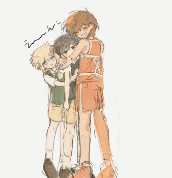 Rule 34 | 3boys, absurdres, antenna hair, basil (faraway) (omori), basil (omori), black eyes, black hair, black sweater vest, blonde hair, blue eyes, blush, bright pupils, brown hair, brown shorts, closed eyes, closed mouth, collared shirt, commentary request, dark-skinned male, dark skin, double-parted bangs, flower, green sweater vest, grin, group hug, hair between eyes, hair flower, hair ornament, highres, hug, kel (faraway) (omori), kel (omori), looking at another, male focus, multiple boys, omori, open mouth, orange shorts, salt xs2, shirt, short hair, short sleeves, shorts, simple background, sketch, smile, socks, sunny (omori), sweater vest, teeth, translation request, white background, white pupils, white shirt, white socks