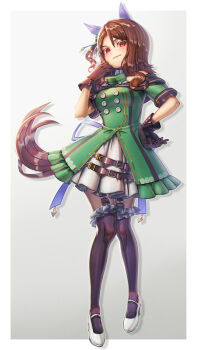 Rule 34 | 1girl, animal ears, bare shoulders, belt, black gloves, black thighhighs, blush, bow, breasts, brown hair, buttons, closed mouth, commentary request, creape, double-breasted, dress, ear bow, ear covers, ear ribbon, frilled thighhighs, frills, full body, gloves, green bow, green dress, highres, horse ears, horse girl, horse tail, king halo (king of emeralds) (umamusume), king halo (umamusume), long hair, looking at viewer, medium breasts, off-shoulder dress, off shoulder, red eyes, shoes, simple background, skirt, smile, solo, tail, thighhighs, umamusume, white skirt