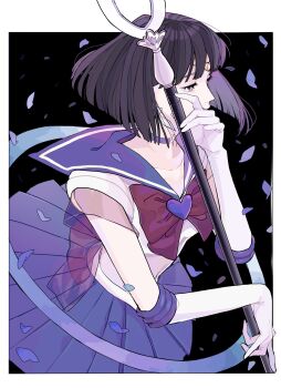 1girl back_bow bishoujo_senshi_sailor_moon black_background black_hair bow brooch choker elbow_gloves gloves heart heart_brooch highres jewelry keiko_(um7mr1) outer_senshi pleated_skirt purple_sailor_collar sailor_collar sailor_saturn sailor_senshi sailor_senshi_uniform saturn_symbol short_hair silence_glaive skirt star_(symbol) star_choker tomoe_hotaru