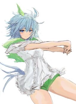 1girl animal_ears blue_eyes blush closed_mouth commentary_request dress ear_covers green_sailor_collar green_shorts grey_hair hair_between_eyes horse_ears horse_girl horse_tail looking_at_viewer sailor_collar seiun_sky_(reeling_in_the_big_one)_(umamusume) seiun_sky_(umamusume) short_hair shorts simple_background single_ear_cover solo stretching tail umamusume white_background white_dress yanagi_wakana