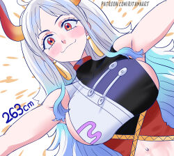 Rule 34 | 1girl, alternate costume, blush, breasts, closed mouth, commentary, earrings, english commentary, happy, highres, horns, imminent hug, jewelry, large breasts, long hair, looking at viewer, midriff, multicolored hair, navel, one piece, oni, orange eyes, rita ya, sideboob, smile, two-tone hair, yamato (one piece)