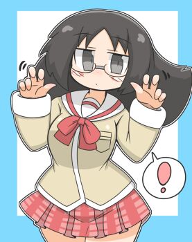 Rule 34 | !, 1girl, black hair, blush, bow, bowtie, breasts, expressionless, gingham skirt, glasses, grey eyes, long hair, looking at viewer, minakami mai, nichijou, outside border, pleated skirt, red bow, red bowtie, red skirt, sailor collar, school uniform, skirt, solo, spoken exclamation mark, thighs, tokisadame school uniform, two-tone background, white sailor collar, wirou