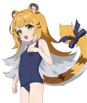 1girl :3 absurdres alternate_costume animal_ear_fluff animal_ears arm_at_side bare_shoulders blue_bow blue_one-piece_swimsuit bow breasts colored_inner_hair commentary_request cowboy_shot fang green_eyes hand_on_own_chest highres ju_fufu korean_commentary kosobin loli long_hair looking_at_viewer looking_to_the_side multicolored_fur multicolored_hair old_school_swimsuit one-piece_swimsuit open_mouth orange_hair school_swimsuit simple_background small_breasts solo striped_fur striped_hair swimsuit tail tail_bow tail_ornament tiger_ears tiger_girl tiger_tail white_background white_hair zenless_zone_zero