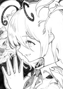 1girl absurdres antennae collared_shirt flower from_side greyscale highres monochrome own_hands_together sashimi_oniku shirt solo touhou wriggle_nightbug