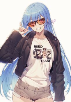 1girl adjusting_eyewear artist_name black_jacket blue_hair female_focus glasses grey_shorts grin hazzyiii1108 highres jacket k'_(cosplay) k'_(kof) kula_diamond leather leather_jacket long_hair looking_at_viewer open_clothes open_jacket orange-tinted_eyewear red_eyes shirt short_shorts shorts smile snk solo teeth the_king_of_fighters tinted_eyewear very_long_hair white_background white_shirt