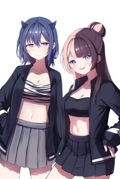 2girls absurdres animal_print black_jacket black_tank_top blue_eyes blue_hair breasts brown_hair cleavage closed_mouth collarbone cowboy_shot demon_horns dot_mouth grey_skirt hair_between_eyes hair_bun hair_intakes hand_in_pocket hand_on_own_hip highres horns ichinose_uruha jacket long_sleeves looking_at_viewer medium_breasts midriff miomio_(luna37598378) multicolored_hair multiple_girls navel open_clothes open_jacket parted_lips purple_eyes short_hair sidelocks simple_background skirt smile tachibana_hinano tank_top two-tone_hair virtual_youtuber vspo! white_background zebra_print