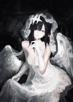 1girl absurdres bare_shoulders black_hair breasts cleavage cowboy_shot dated_commentary dress elbow_gloves finger_to_mouth fuyutsuki11 gloves grey_eyes hair_over_one_eye hand_up highres large_breasts long_hair long_sidelocks looking_at_viewer original parted_lips pointy_ears shushing sidelocks skirt_hold sleeveless sleeveless_dress solo thighhighs veil white_dress white_gloves white_thighhighs white_veil white_wings wings