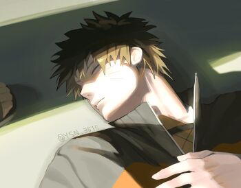 Rule 34 | 1boy, 1other, black jacket, blonde hair, closed eyes, facial mark, fishnet top, fishnets, hair between eyes, highres, jacket, lying, male focus, multicolored jacket, naruto (series), naruto shippuuden, on back, open-toe shoes, orange jacket, parted lips, sharp teeth, short hair, sleeping, teeth, twitter username, two-tone jacket, upper body, uzumaki naruto, whisker markings, ysn 3515