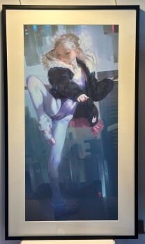 Rule 34 | 1=2, 1girl, absurdres, athletic leotard, ballerina, ballet, ballet class clothes, ballet slippers, blonde hair, blue leotard, cameltoe, closed eyes, coat, commentary, crotch, dancer, dancing, down jacket, earrings, english commentary, full body, fur-trimmed jacket, fur trim, hair ornament, highres, jacket, jewelry, leotard, original, pantyhose, parka, photo (medium), shiny clothes, solo, tiara, white pantyhose