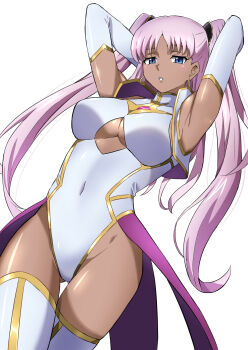 1girl armpits arms_behind_head arms_up artist_request ass blue_eyes bodysuit breasts catherine_sabathra cleavage_cutout clothing_cutout code_geass code_geass:_dakkan_no_roze covered_navel curvy dark-skinned_female dark_skin earrings elbow_gloves from_below gloves half-closed_eyes highleg highleg_leotard highres indoors jewelry large_breasts leotard long_hair looking_at_viewer open_clothes open_mouth parted_lips pink_hair revealing_clothes seductive_gaze shiny_skin standing thighhighs twintails underboob very_long_hair wide_hips