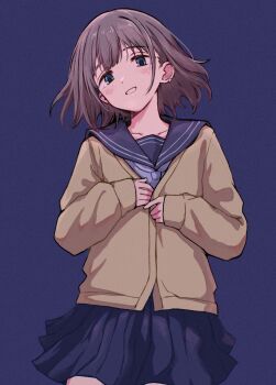 Rule 34 | 1girl, blue eyes, blue sailor collar, blue skirt, blush, cardigan, collarbone, commentary request, earclip, grey hair, highres, idolmaster, idolmaster shiny colors, long sleeves, looking at viewer, neckerchief, pleated skirt, qaqyes re, sailor collar, school uniform, serafuku, serizawa asahi, short hair, simple background, skirt, smile, solo, white neckerchief, yellow cardigan