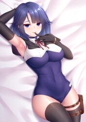 1girl arm_behind_head armpits asymmetrical_bangs bag bed_sheet black_capelet black_gloves black_thighhighs blue_hair blue_one-piece_swimsuit blunt_bangs bracelet breasts capelet closed_mouth commentary_request commission covered_navel cowboy_shot elbow_gloves finger_to_mouth gloves gold_bracelet heart_bracelet highres indie_virtual_youtuber jewelry large_breasts lying medium_hair neck_ribbon no_mask old_school_swimsuit on_back one-piece_swimsuit presenting_armpit red_ribbon ribbon satchel school_swimsuit second-party_source skeb_commission skindentation smile solo spinne_gizmirooks swimsuit thighhighs virtual_youtuber wing_collar yuunagi_(0217)