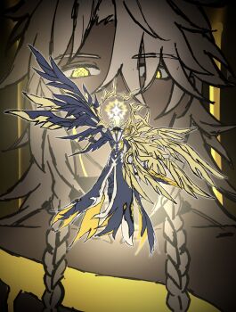 Rule 34 | 1boy, 1other, absurdres, black wings, blonde hair, hair between eyes, highres, honkai: star rail, honkai (series), injury, long hair, looking at another, low-tied long hair, nude, phainon (honkai: star rail), phainon (khaslana) (honkai: star rail), shiba (tonari no shiba inu), short hair, white wings, wings, yellow eyes