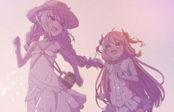 2girls ahoge bag bare_shoulders blue_eyes blue_ribbon blush bow bracelet braid brown_eyes collar collarbone commentary cowboy_shot crescent crescent_hair_ornament demon_horns dress frilled_dress frills grey_hair hair_bobbles hair_bow hair_bun hair_ornament handbag hat heterochromia highres horns jewelry light_particles long_hair looking_at_another makaino_ririmu makaino_ririmu_(3rd_costume) multiple_girls neck_ribbon nijisanji open_mouth pointy_ears red_collar red_eyes red_hair ribbon running sabamen sidelocks single_hair_bun sleeveless sleeveless_dress smile strap_slip sun_hat sundress twin_braids virtual_youtuber white_dress yuzuki_roa