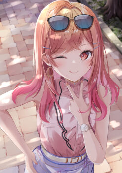 1girl :q belt belt_buckle blurry blurry_background blush brick_road buckle commentary_request crossed_bangs dappled_sunlight earrings eyewear_on_head from_above gradient_hair hair_ornament hairclip hand_on_own_hip highres hololive hololive_dev_is humime ichijou_ririka ichijou_ririka_(1st_costume) inward_v jewelry looking_at_viewer medium_hair multicolored_hair nail_polish one_eye_closed orange_eyes orange_hair orange_nails outdoors pink_shirt shirt shirt_tucked_in sleeveless sleeveless_shirt smile solo standing sunglasses sunlight swept_bangs tongue tongue_out tree upper_body v virtual_youtuber watch white_belt wristwatch