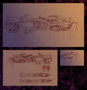 Rule 34 | blueprint (medium), brown theme, commentary, concept art, english commentary, eve online, from side, multiple views, no humans, original, pintoro, science fiction, spacecraft, vehicle focus