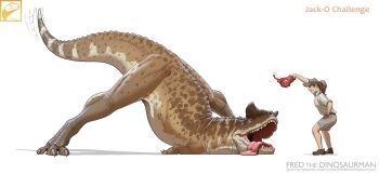 1girl artist_name baseball_cap breasts brown_hair carnotaurus commentary dinosaur english_commentary food fredward95 grey_shorts hand_on_own_hip hat highres holding jack-o&#039;_challenge meat medium_breasts open_mouth original ponytail sharp_teeth shorts sleeves_rolled_up smile tail tail_wagging teeth tongue watermark web_address wristband