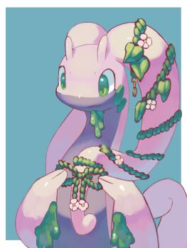 Rule 34 | bow, closed mouth, colored skin, flower, gen 6 pokemon, goodra, green eyes, highres, leaf, nintendo, no humans, p9kfxaofqi54546, plant, pokemon, pokemon (creature), pokemon focus, purple skin, simple background, slime (substance), vines