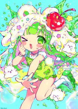 Rule 34 | > o, 1girl, absurdres, animal ears, bracelet, cherry, food, frills, fruit, green eyes, green hair, green overalls, highres, jewelry, looking at viewer, natsu enoch, one eye closed, open mouth, original, overall shorts, overalls, personification, smile, socks, white socks