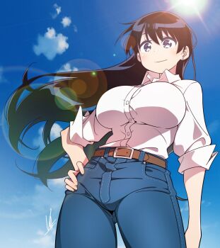 1girl arato_nagi belt black_hair blue_eyes blue_pants blue_sky breasts brown_belt closed_mouth cloud commentary_request flower hand_on_own_hip highres large_breasts long_hair pants ruri_no_houseki shirt signature sky smile solo sun white_shirt yas_(yosiyasuyasu)
