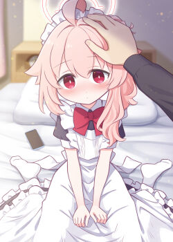 1girl ahoge apron blue_archive blush bow bowtie cellphone closed_mouth commentary_request dot_mouth dress halo harada_(sansei_rain) highres indoors long_hair looking_at_viewer maid maid_headdress natsu_(blue_archive) on_bed phone pink_hair pink_halo pov pov_hands puffy_short_sleeves puffy_sleeves red_bow red_bowtie red_eyes short_sleeves side_ponytail sitting smartphone solo solo_focus wariza
