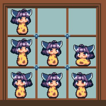 6+girls ahoge animated animated_gif black_hair blue_background bouncing brown_eyes chibi commentary_request fang framed_image full_body headgear highres looping_animation multiple_girls no_mouth open_mouth pixel_art short_hair smile spinning tonchamon_san touhoku_kiritan voiceroid what