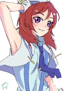 Rule 34 | 1girl, arm up, armpits, blue necktie, blue shirt, blush, commentary request, gloves, highres, looking at viewer, love live!, love live! school idol project, medium hair, necktie, nishikino maki, parted lips, purple eyes, red hair, shirt, simple background, smile, solo, surfacedxxc, veil, white background, white gloves, white veil