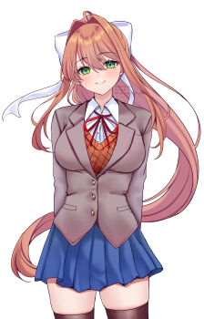 1girl absurdres breasts brown_hair doki_doki_literature_club doki_doki_literature_club_school_uniform green_eyes hair_ribbon highres large_breasts long_hair looking_at_viewer mi_tarou0412 monika_(doki_doki_literature_club) pleated_skirt ribbon school_uniform simple_background skirt smile solo thighs very_long_hair white_background
