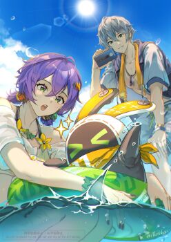 1boy 1girl 1other aketohgo bandana bandana_around_neck bangboo_(zenless_zone_zero) bare_shoulders belle_(summer_skies)_(zenless_zone_zero) belle_(zenless_zone_zero) bikini bikini_top_under_shirt bikini_under_clothes black_nails blue_hair blue_sky blue_wetsuit bracelet brother_and_sister cellphone cloud collarbone earrings eous_(zenless_zone_zero) green_eyes grey_hair hair_between_eyes hair_ornament hand_on_own_knee hashtag-only_commentary highres holding holding_phone holding_swim_ring in_water innertube jewelry letter_hair_ornament looking_at_another necklace off-shoulder_shirt off_shoulder official_alternate_costume open_mouth orange_bandana orange_bikini outdoors pectorals phone see-through_clothes see-through_shirt shirt short_hair shorts siblings sky sparkle sphere_hair_ornament splashing stomach sun swim_ring swimsuit teeth tied_shirt towel towel_around_neck twitter_username water wet white_shirt white_shorts wise_(peaceful_waves)_(zenless_zone_zero) wise_(zenless_zone_zero) zenless_zone_zero