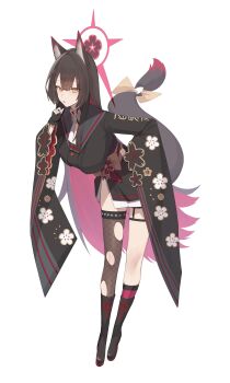 1girl absurdres animal_ear_fluff animal_ears black_boots black_gloves black_hair black_kimono black_thighhighs blue_archive blush boots bow breasts colored_inner_hair commentary fingerless_gloves floral_print floral_print_kimono fox_ears fox_girl fox_tail gloves grey_sailor_collar hair_between_eyes halo hand_on_own_hip highres japanese_clothes kimono knee_boots kneehighs kurowanjjyang large_breasts leaning_forward long_hair looking_at_viewer multicolored_hair open_mouth pink_socks print_kimono purple_sash red_hair red_halo sailor_collar sash side_slit sidelocks single_kneehigh single_sock single_thighhigh skirt socks solo tail tail_bow tail_ornament thigh_strap thighhighs torn_clothes torn_thighhighs two-tone_hair very_long_hair wakamo_(blue_archive) white_skirt wide_sleeves yellow_bow yellow_eyes