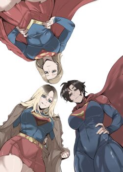 3girls absurdres beer_bottle belt blonde_hair blue_bodysuit blue_eyes bodysuit brown_coat cape coat covered_navel dc_comics dc_extended_universe emblem hand_on_own_hip hands_on_own_hips highres in-franchise_crossover looking_at_viewer looking_down masoq multiple_girls red_cape red_skirt short_hair skirt supergirl supergirl_(2015) superhero_costume superman_(2025) superman_(series) the_flash_(movie) thighs